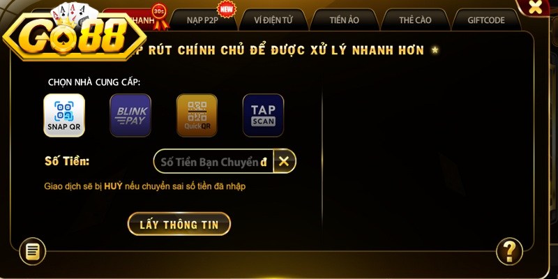 Thao tác thực hiện nạp tiền Go88 đơn giản cho bạn 