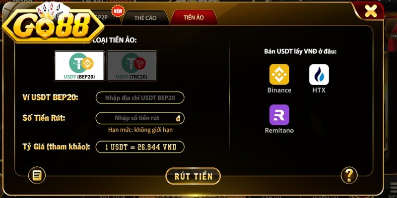 Rút tiền Go88 qua phương thức tiền ảo hiện đại 